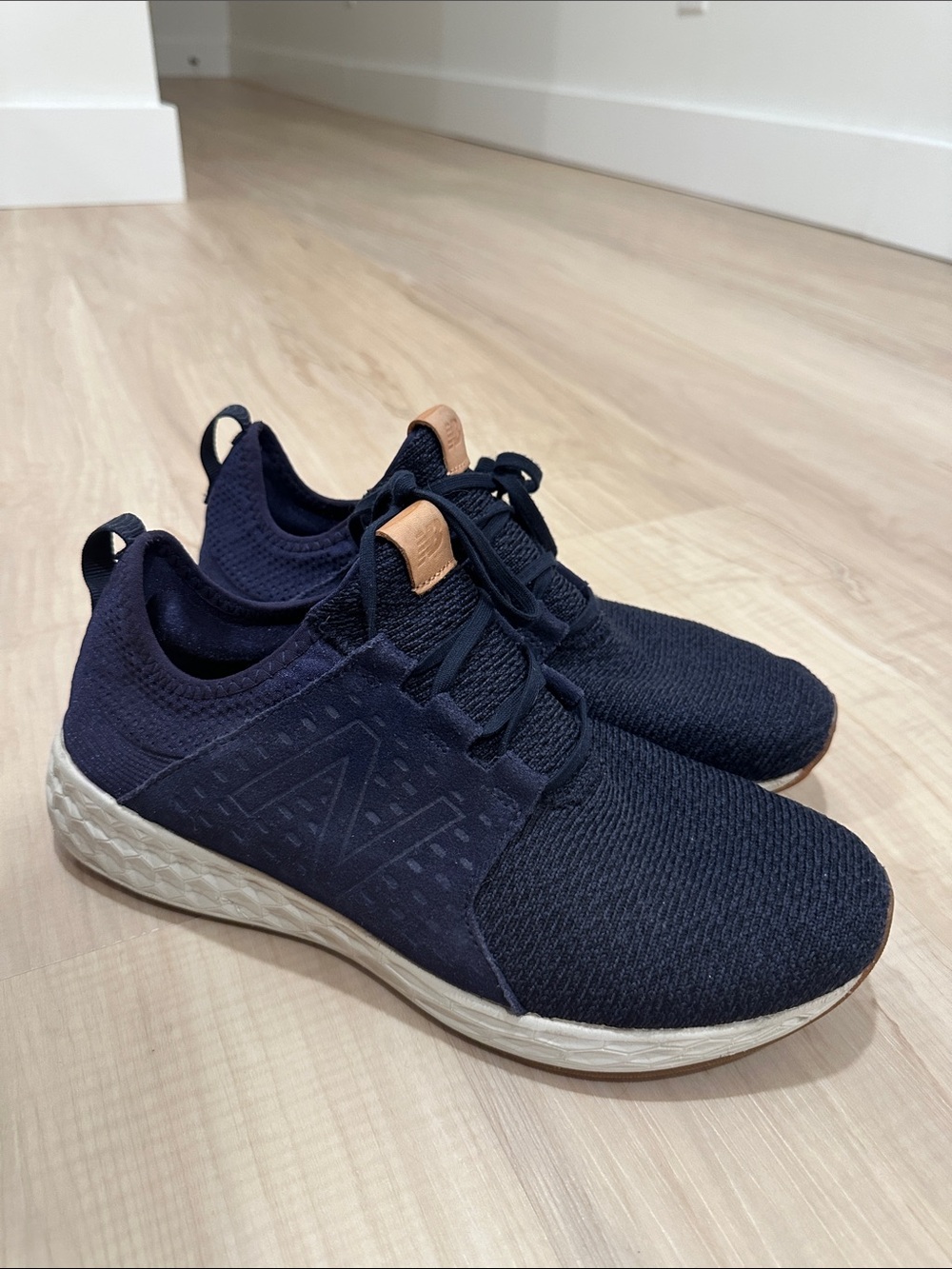 New Balance Men's Navy Knit Runners with Tan Tongue Tab